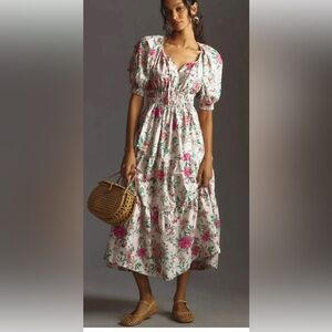 Anthropologie White Floral Maxi Dress with Pink & Green Print